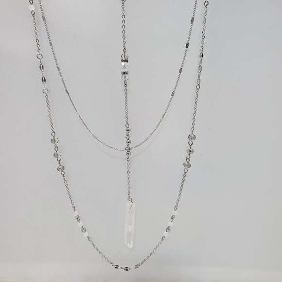 silver chain quartz crystal 3 row layered necklace - Picture 6 of 12